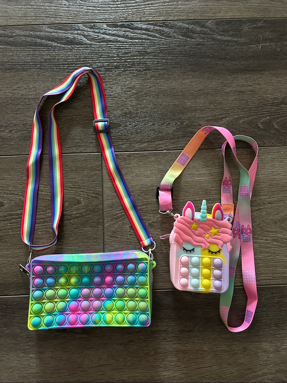 Kids Rainbow Pop-It Crossbody Bag and Pink Unicorn Pop-It Mini Purse